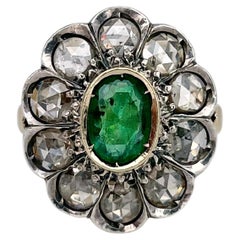 Edwardian 14 Karat Gold 0.85 Carat Emerald 1.50 Carat Diamond Cluster Ring