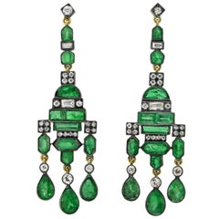 Antique Edwardian 14 Karat Gold and Sterling Silver Emerald Diamond Chandelier Earrings