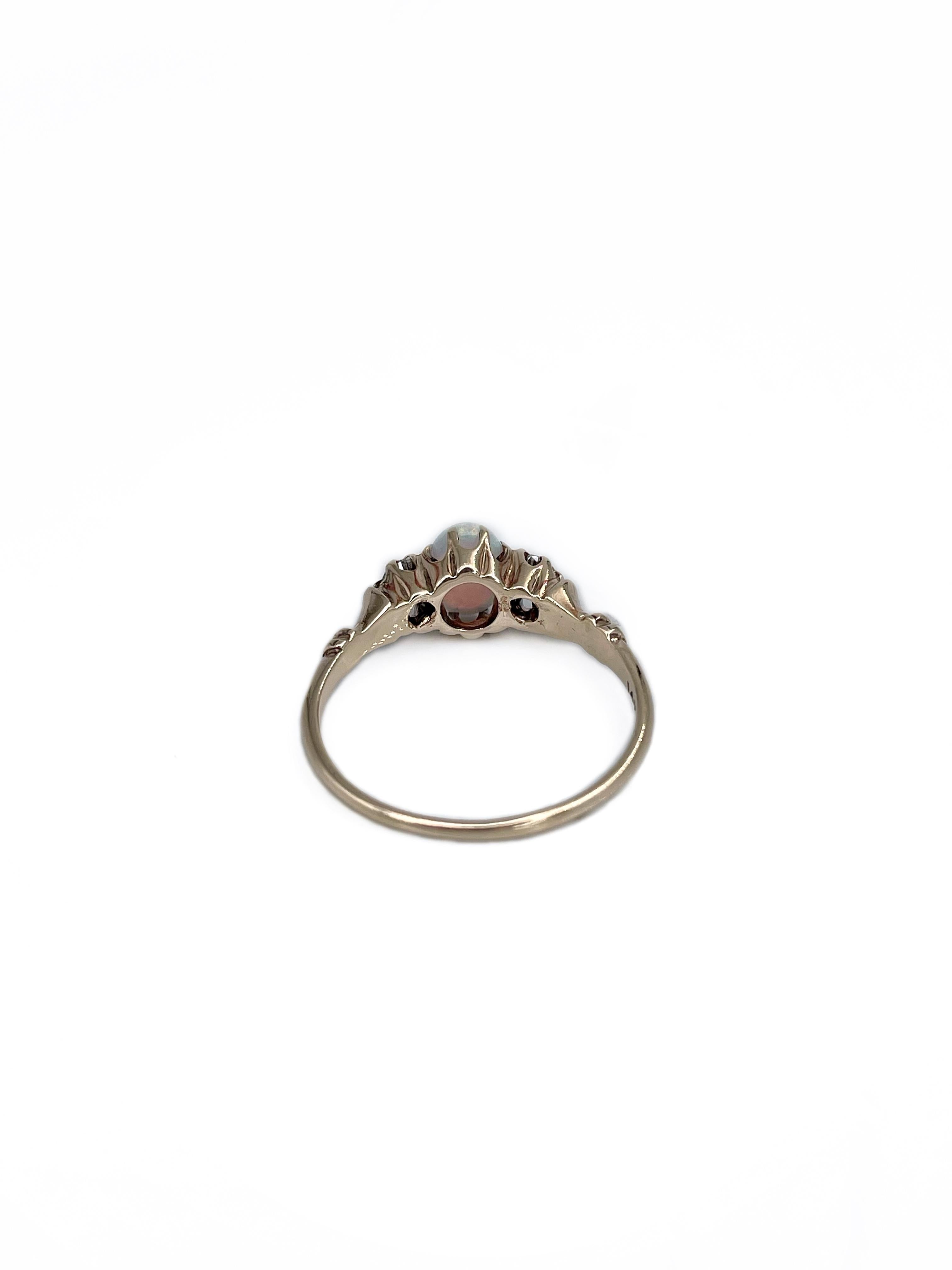 Women's Edwardian 14 Karat Gold Cabochon Cut Opal Diamond Three Stone Ring