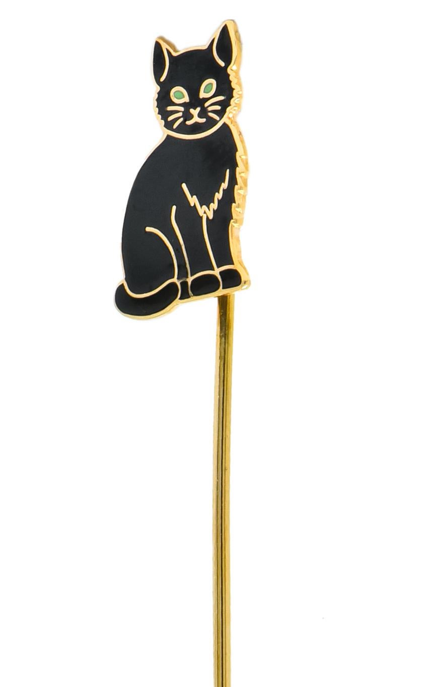 Edwardian 14 Karat Gold Enamel Black Cat Stick Pin In Excellent Condition In Philadelphia, PA