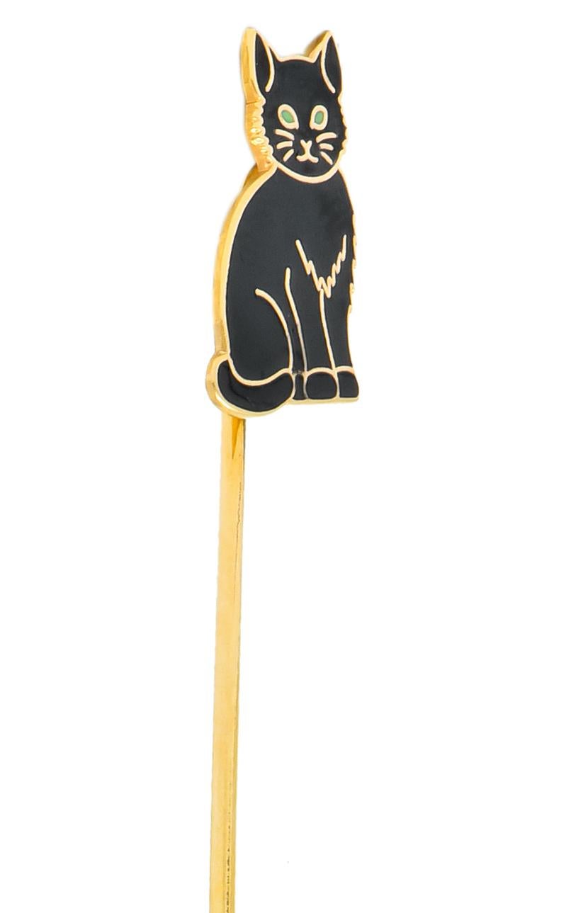 Edwardian 14 Karat Gold Enamel Black Cat Stick Pin 1