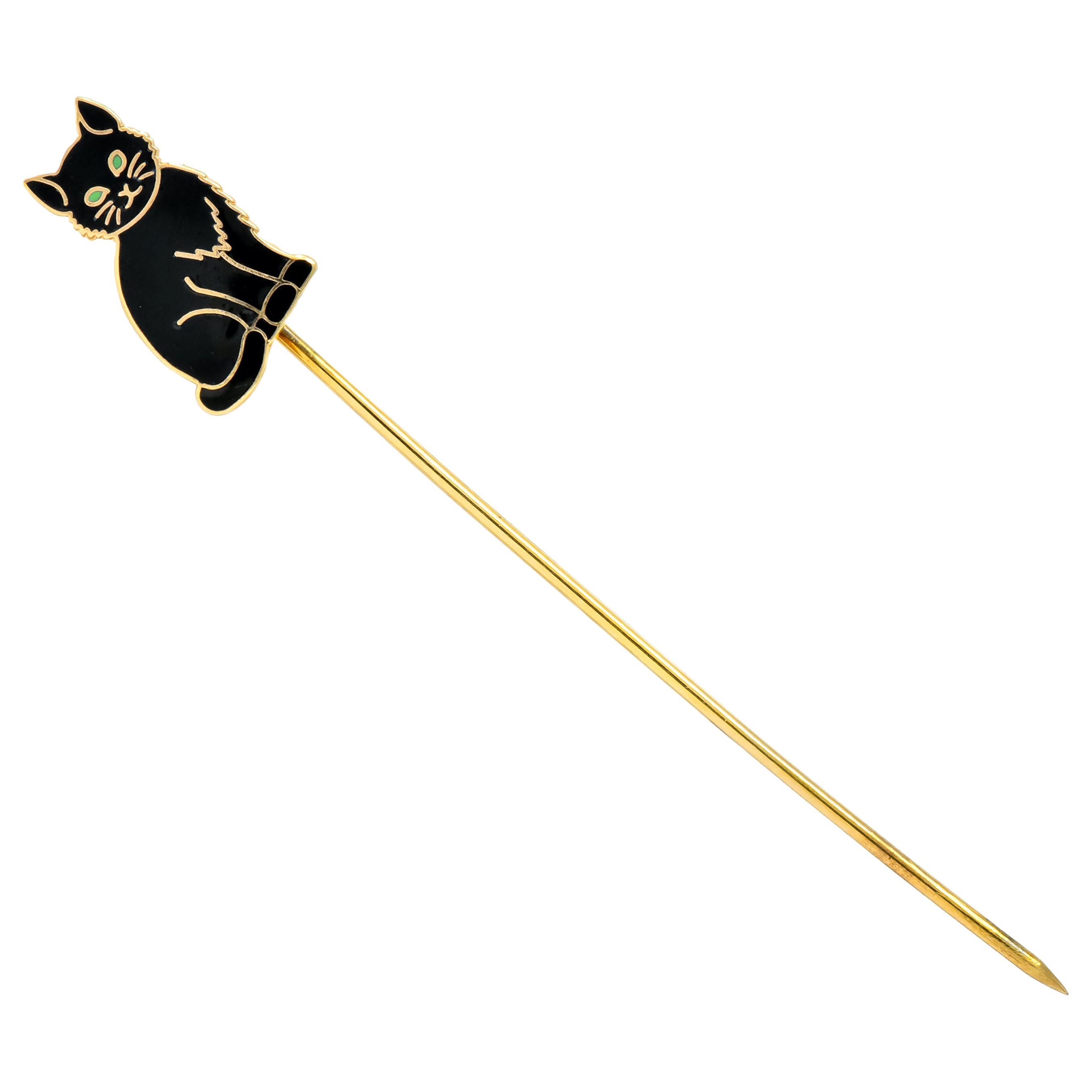 Edwardian 14 Karat Gold Enamel Black Cat Stick Pin