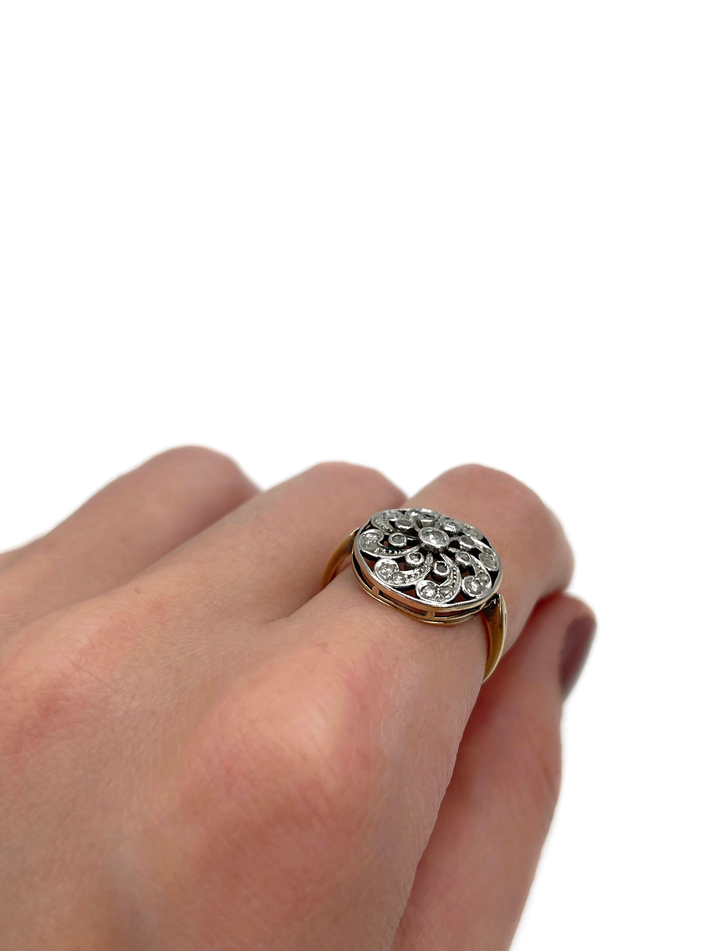 Édouardien Bague de cocktail Edwardienne en or 14 carats, diamant rond ajouré, taille ancienne en vente