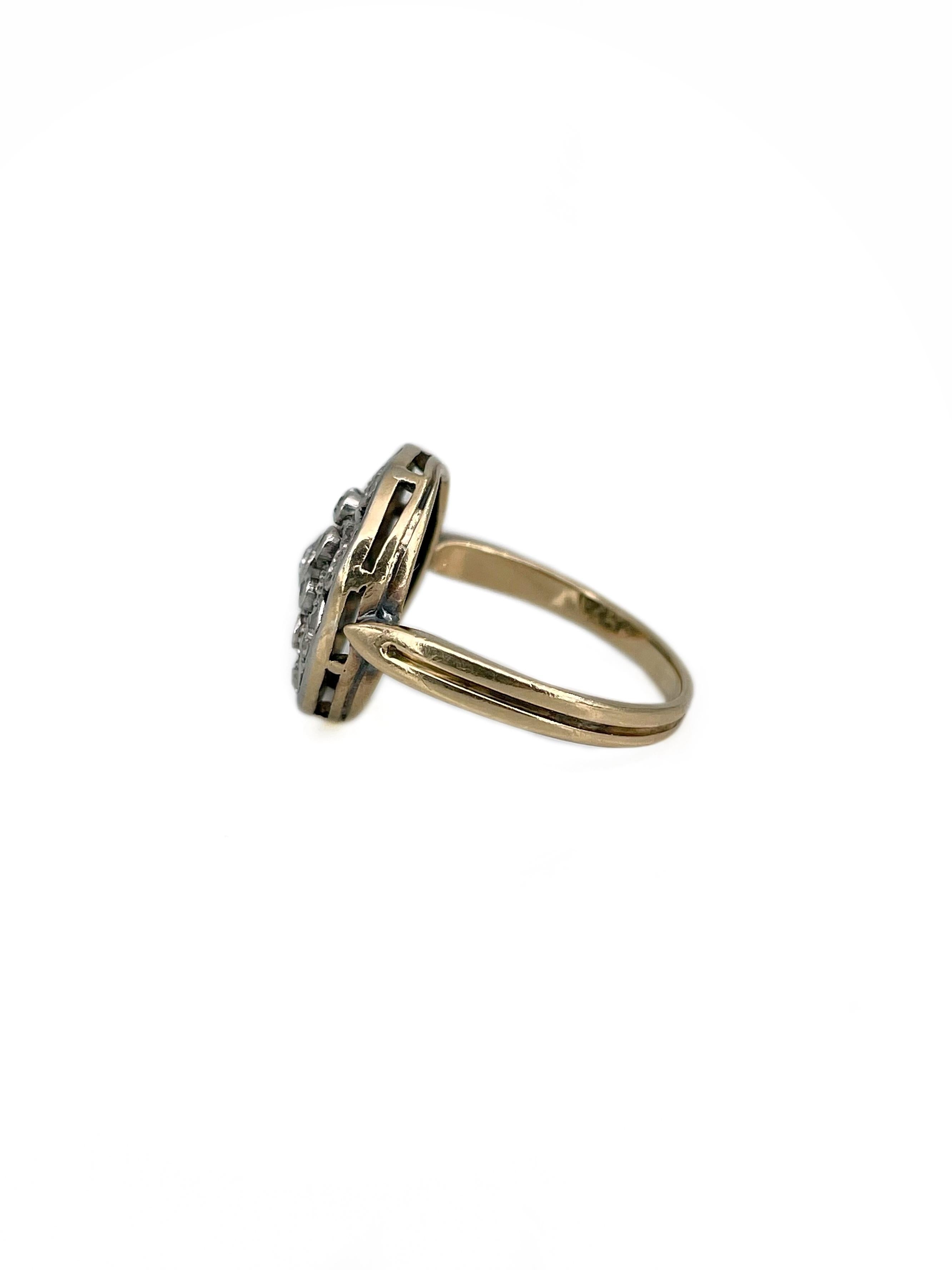 Taille mixte Bague de cocktail Edwardienne en or 14 carats, diamant rond ajouré, taille ancienne en vente