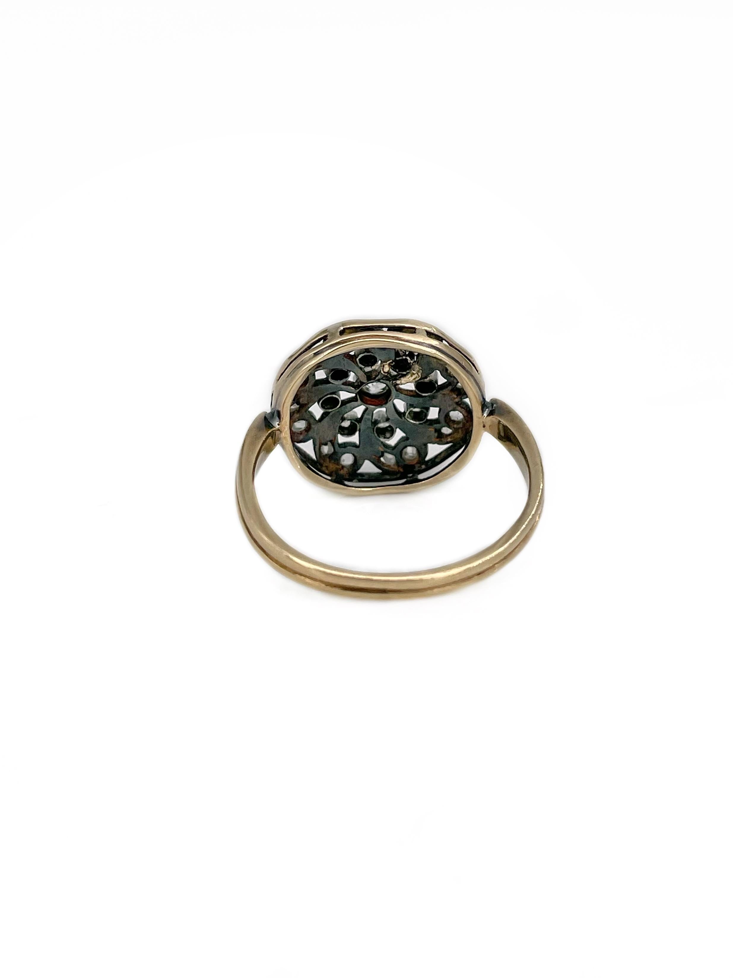 Bague de cocktail Edwardienne en or 14 carats, diamant rond ajouré, taille ancienne Bon état - En vente à Vilnius, Vilniaus apskr.