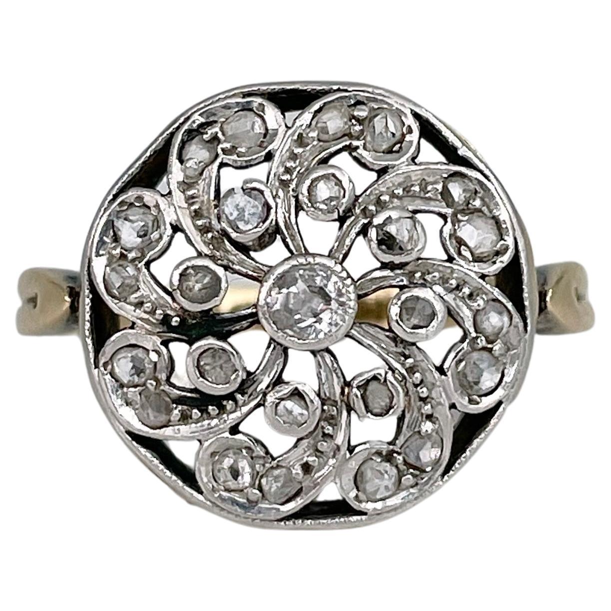 Bague de cocktail Edwardienne en or 14 carats, diamant rond ajouré, taille ancienne en vente