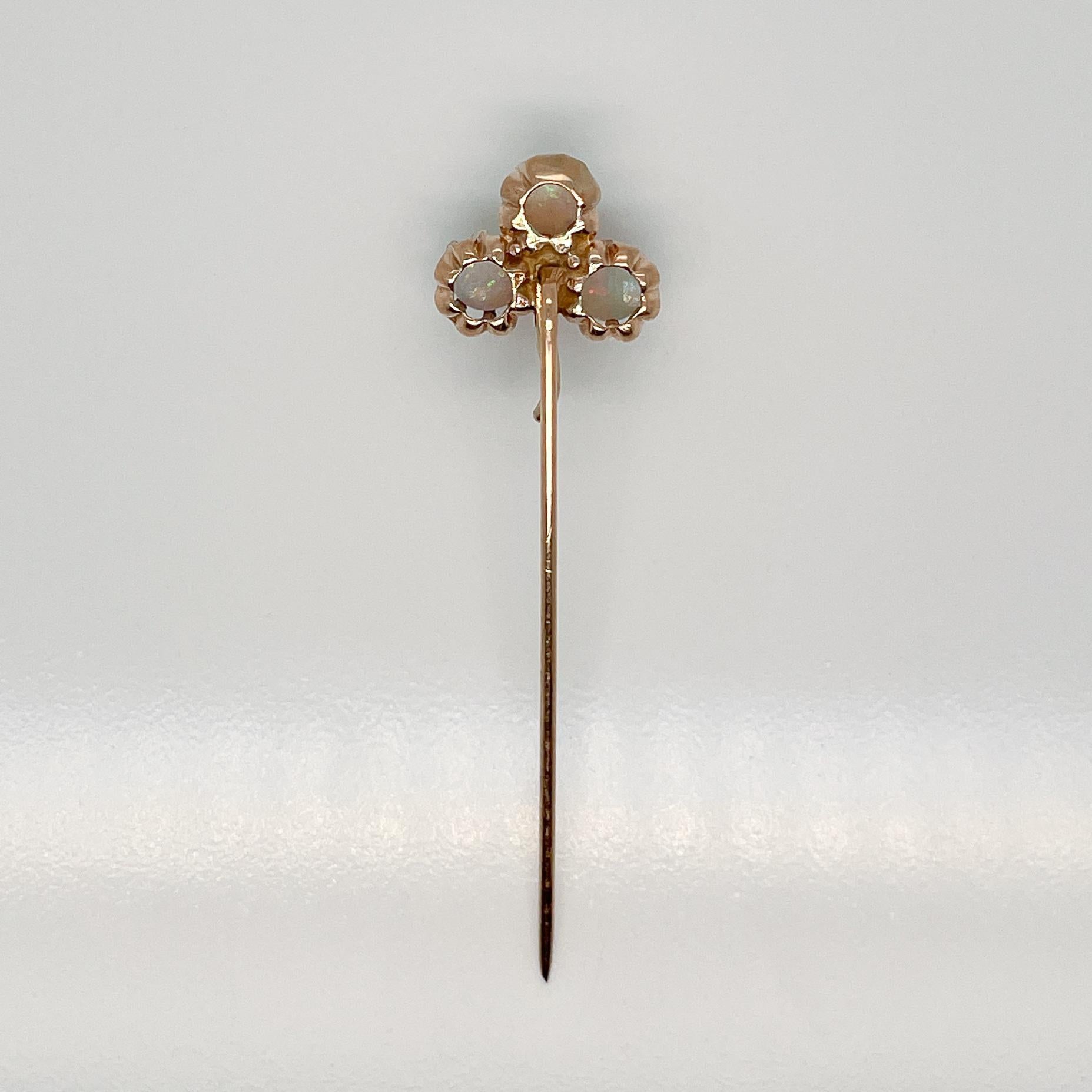 Edwardian 14 Karat Gold, Opal, & Diamond Clover Shaped Stick Pin For Sale 4