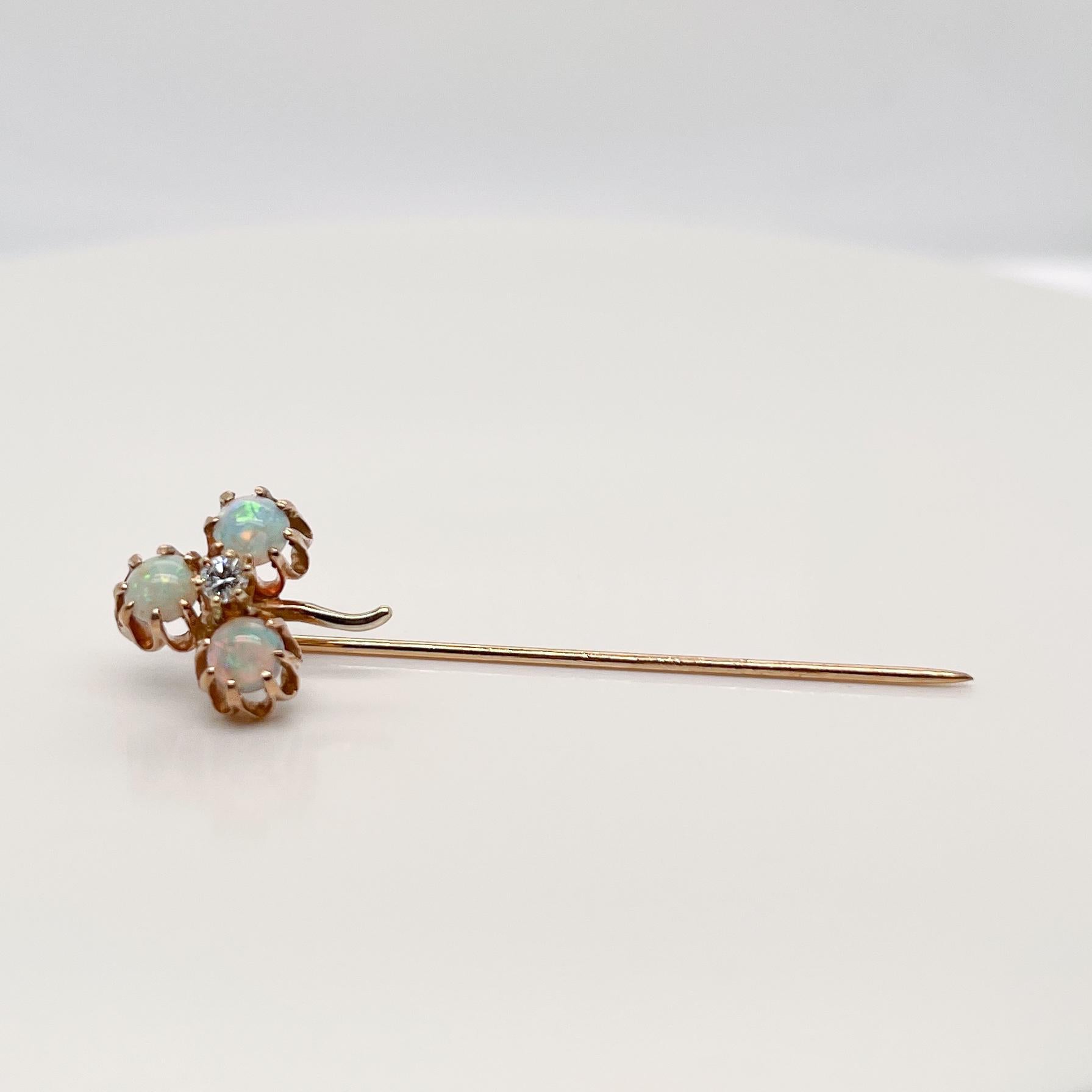 Round Cut Edwardian 14 Karat Gold, Opal, & Diamond Clover Shaped Stick Pin For Sale