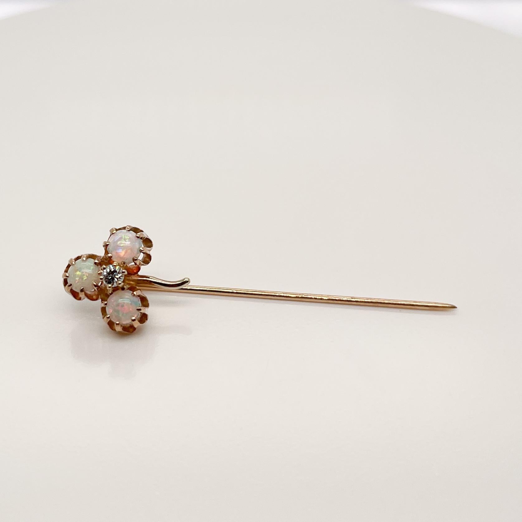 Edwardian 14 Karat Gold, Opal, & Diamond Clover Shaped Stick Pin In Good Condition For Sale In Philadelphia, PA