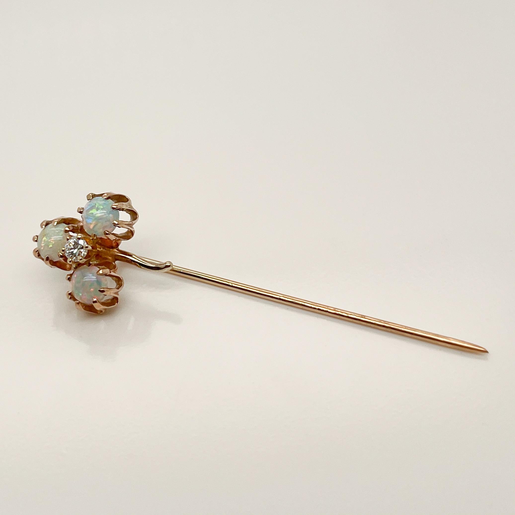 Edwardian 14 Karat Gold, Opal, & Diamond Clover Shaped Stick Pin For Sale 3