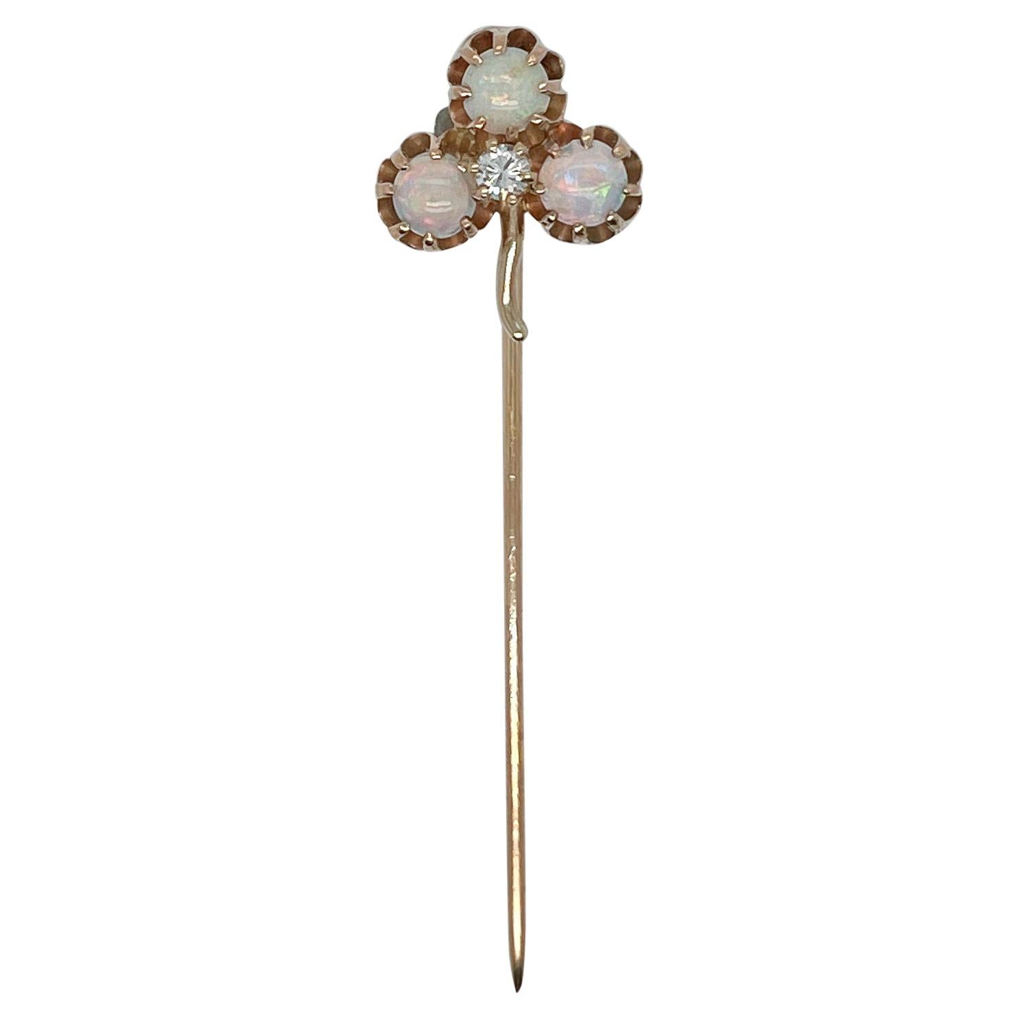 Edwardian 14 Karat Gold, Opal, & Diamond Clover Shaped Stick Pin For Sale