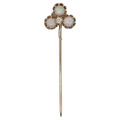 Edwardian 14 Karat Gold, Opal, & Diamond Clover Shaped Stick Pin