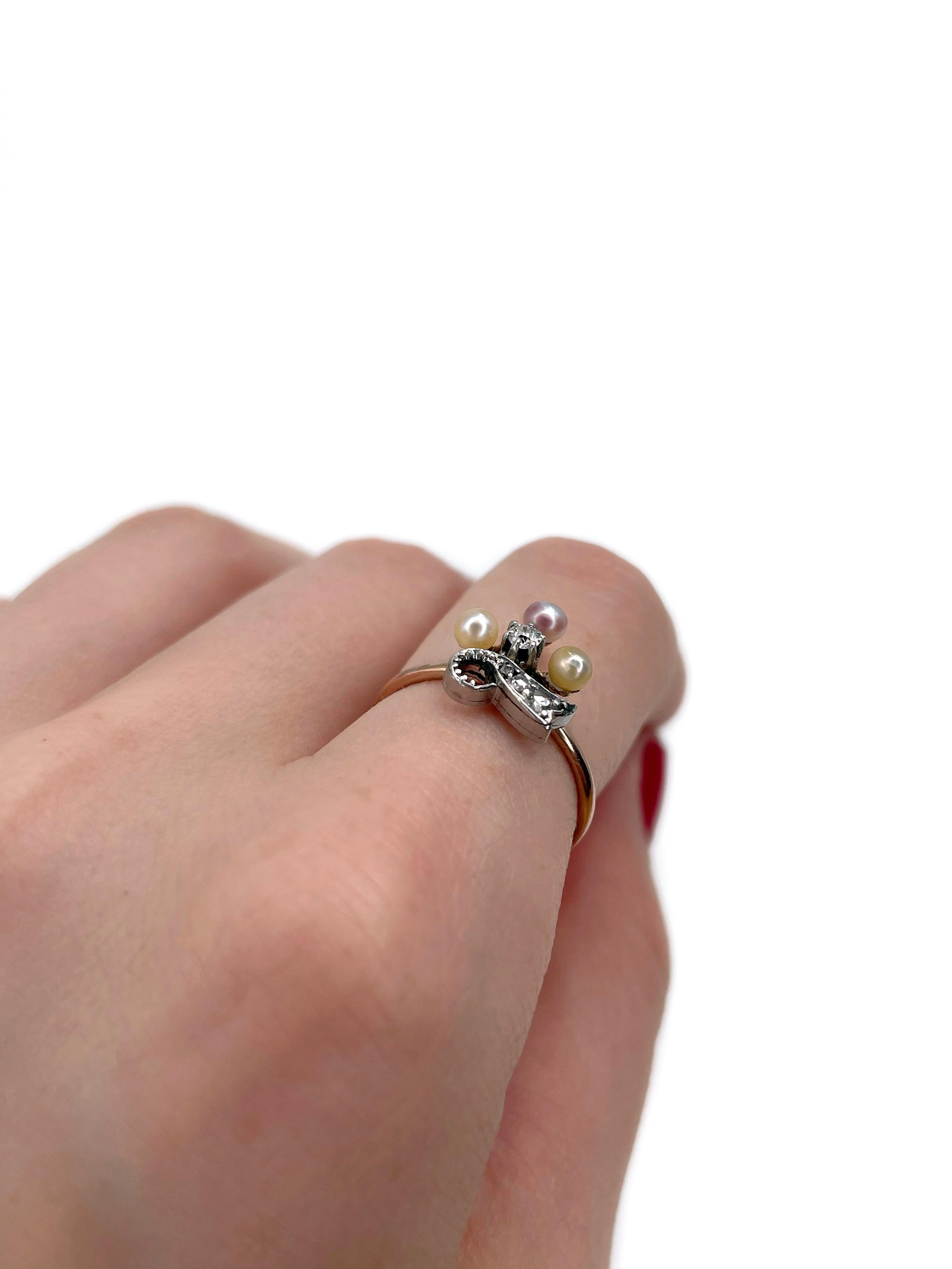 Anillo eduardiano de oro de 14 quilates con perla y diamante talla antigua Trébol Eduardiano en venta