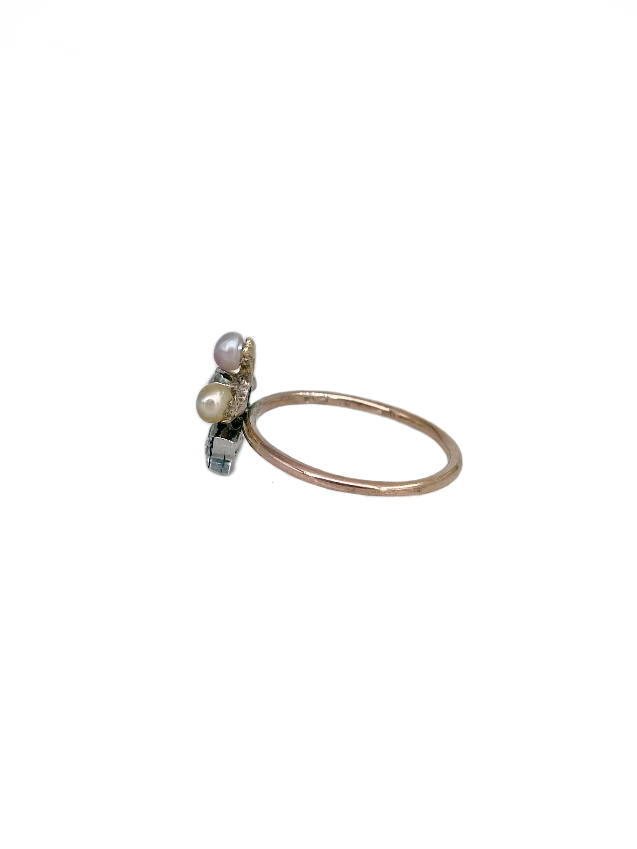 Anillo eduardiano de oro de 14 quilates con perla y diamante talla antigua Trébol Corte mixto en venta