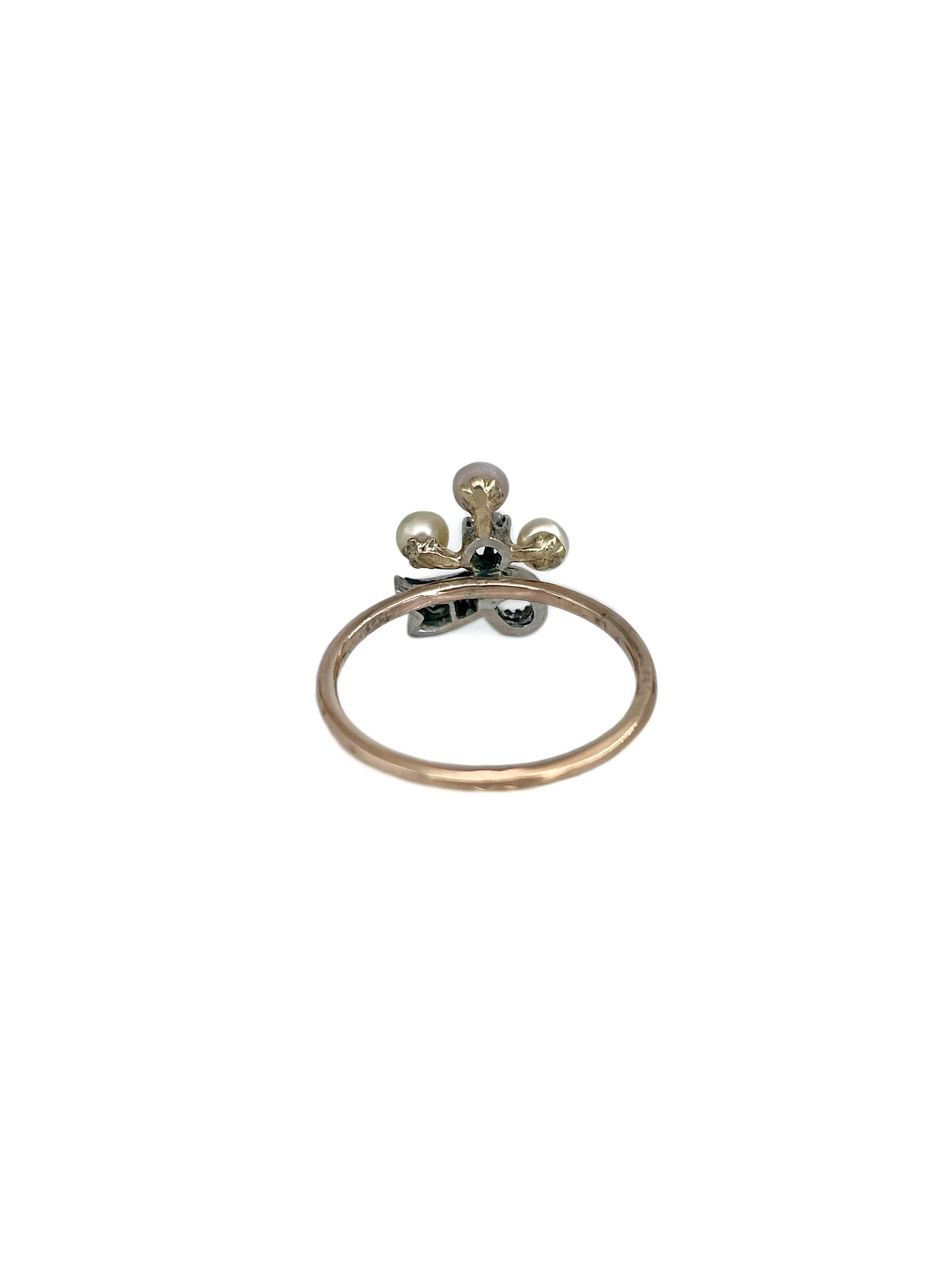 Anillo eduardiano de oro de 14 quilates con perla y diamante talla antigua Trébol en Bueno estado para la venta en Vilnius, Vilniaus apskr.