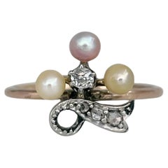 Edwardian 14 Karat Gold Pearl Old Cut Diamond Shamrock Ring