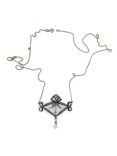 Edwardian 14 Karat Gold Pearl 0.50 Carat Rose Cut Diamond Bow Pendant Necklace