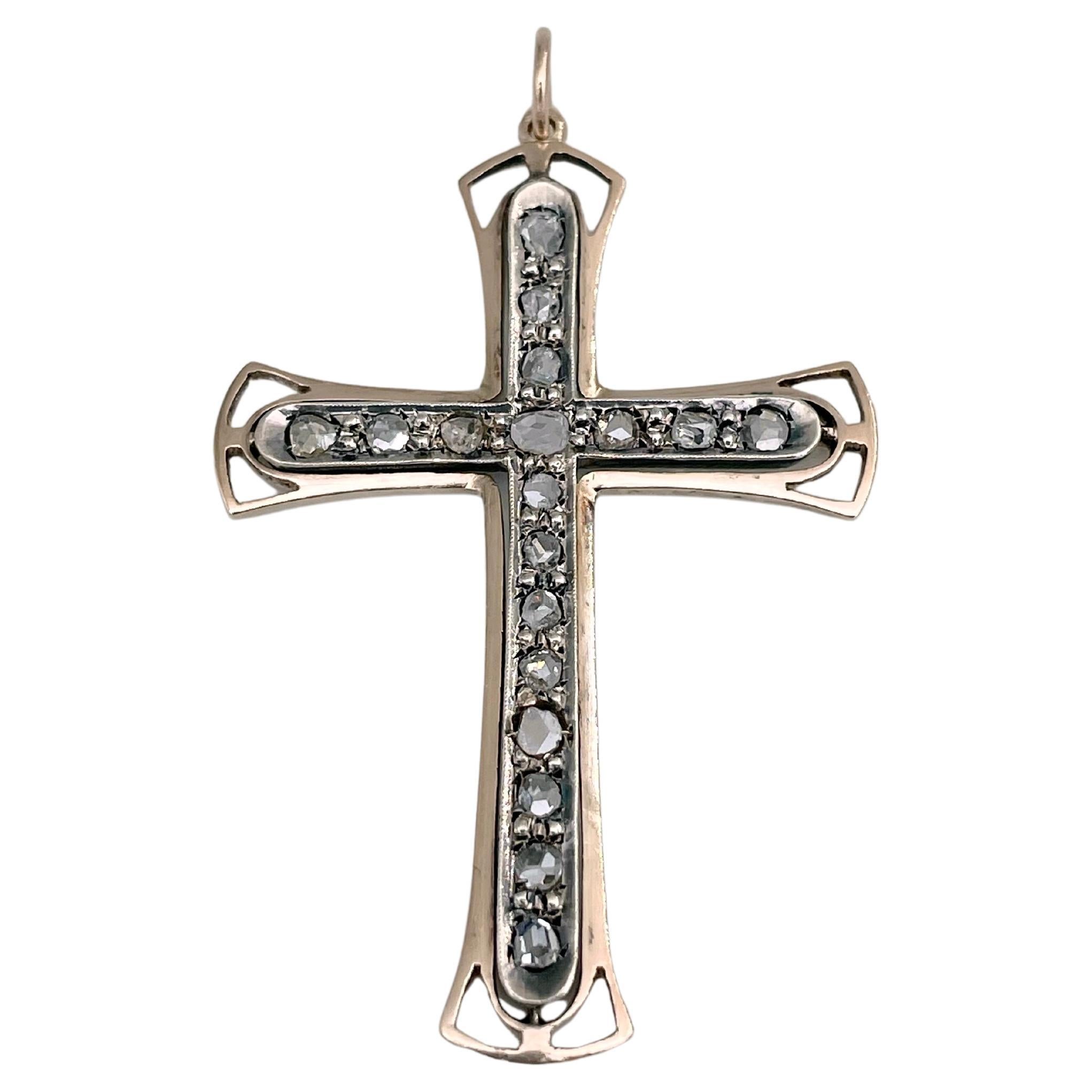 Edwardian 14 Karat Gold Rose Cut Diamond Cross Pendant