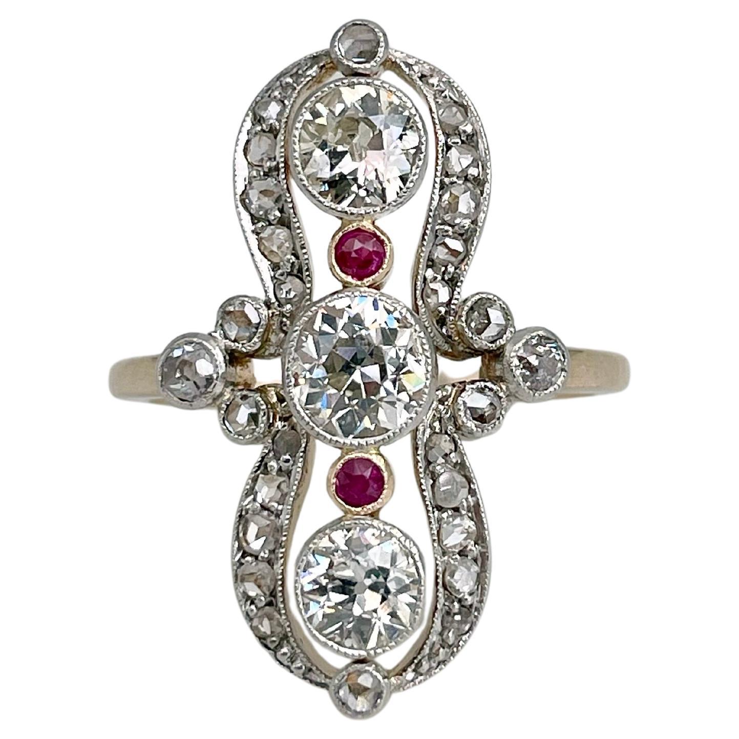 Bague cocktail édouardienne en or 14 carats, rubis, diamant et navette