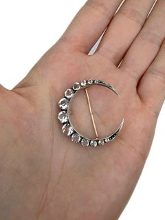 Edwardian 14 Karat Gold Silver Clear Paste Crescent Moon Pin Brooch