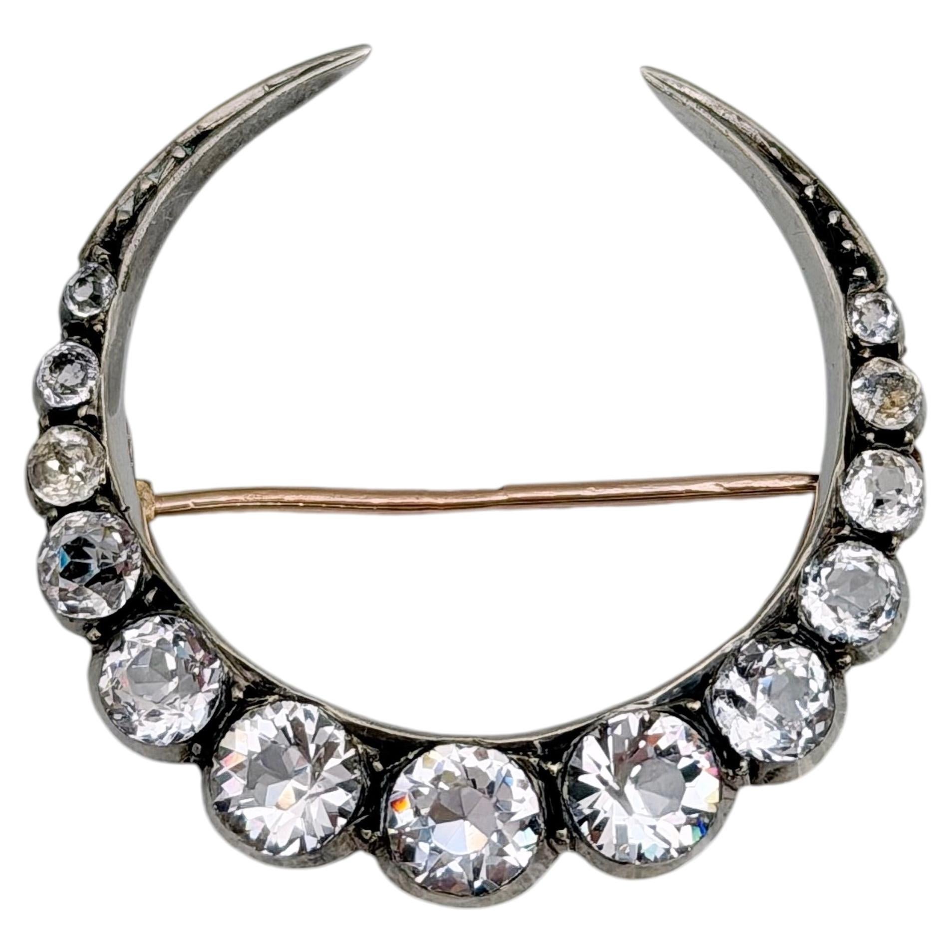 Edwardian 14 Karat Gold Silver Clear Paste Crescent Moon Pin Brooch