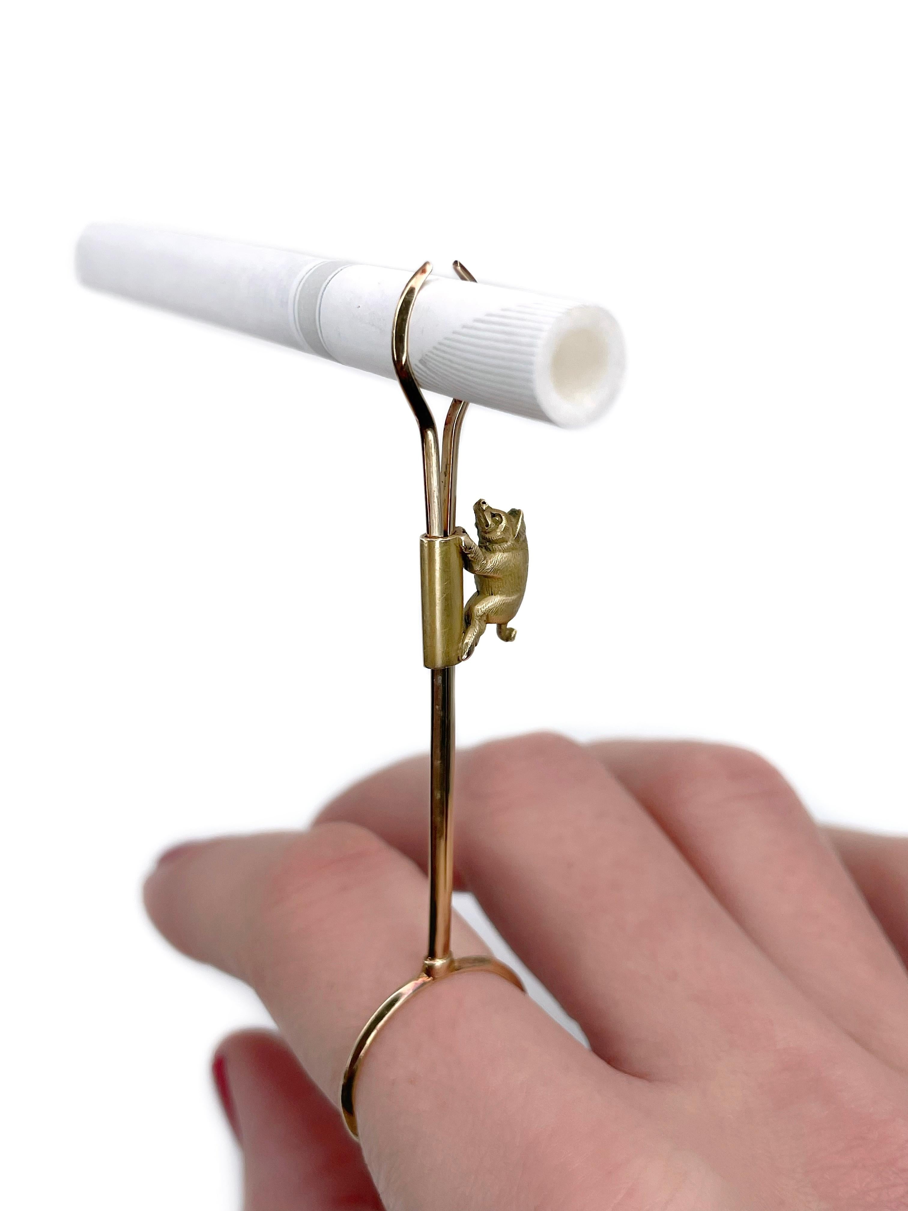 Edwardian 14 Karat Gold Wild Boar Adjustable Cigarette Holder Ring In Good Condition In Vilnius, Vilniaus apskr.