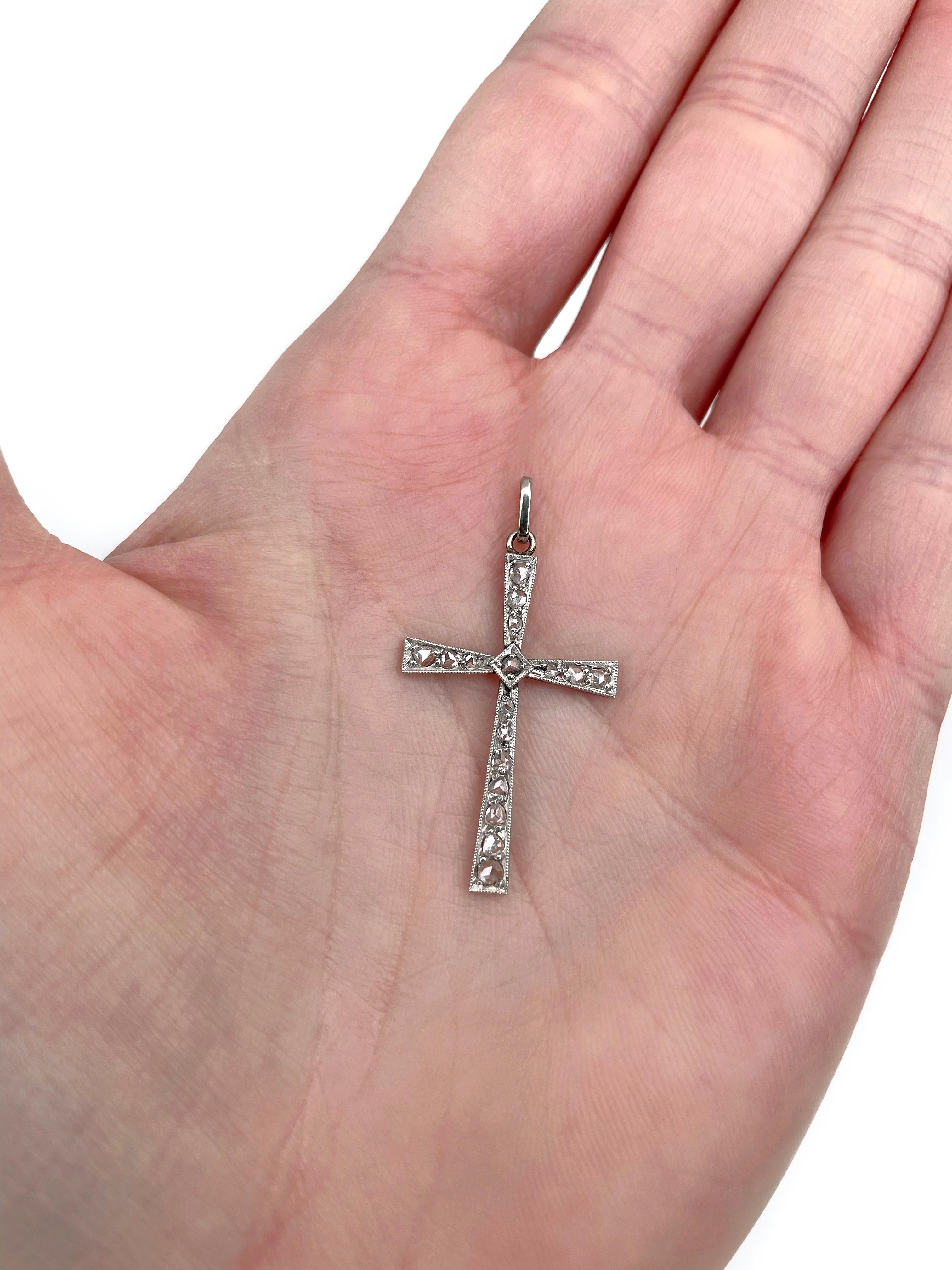 This is an Edwardian cross pendant crafted in 14K white gold. Circa 1910. 

The piece features 17 rose cut diamonds: TW 0.20ct, RW-STW, SI-P1. 

Weight: 1.48g
Lenght: 2.8cm

IMPORTANT: As a buyer, you are fully responsible for the customs duties,