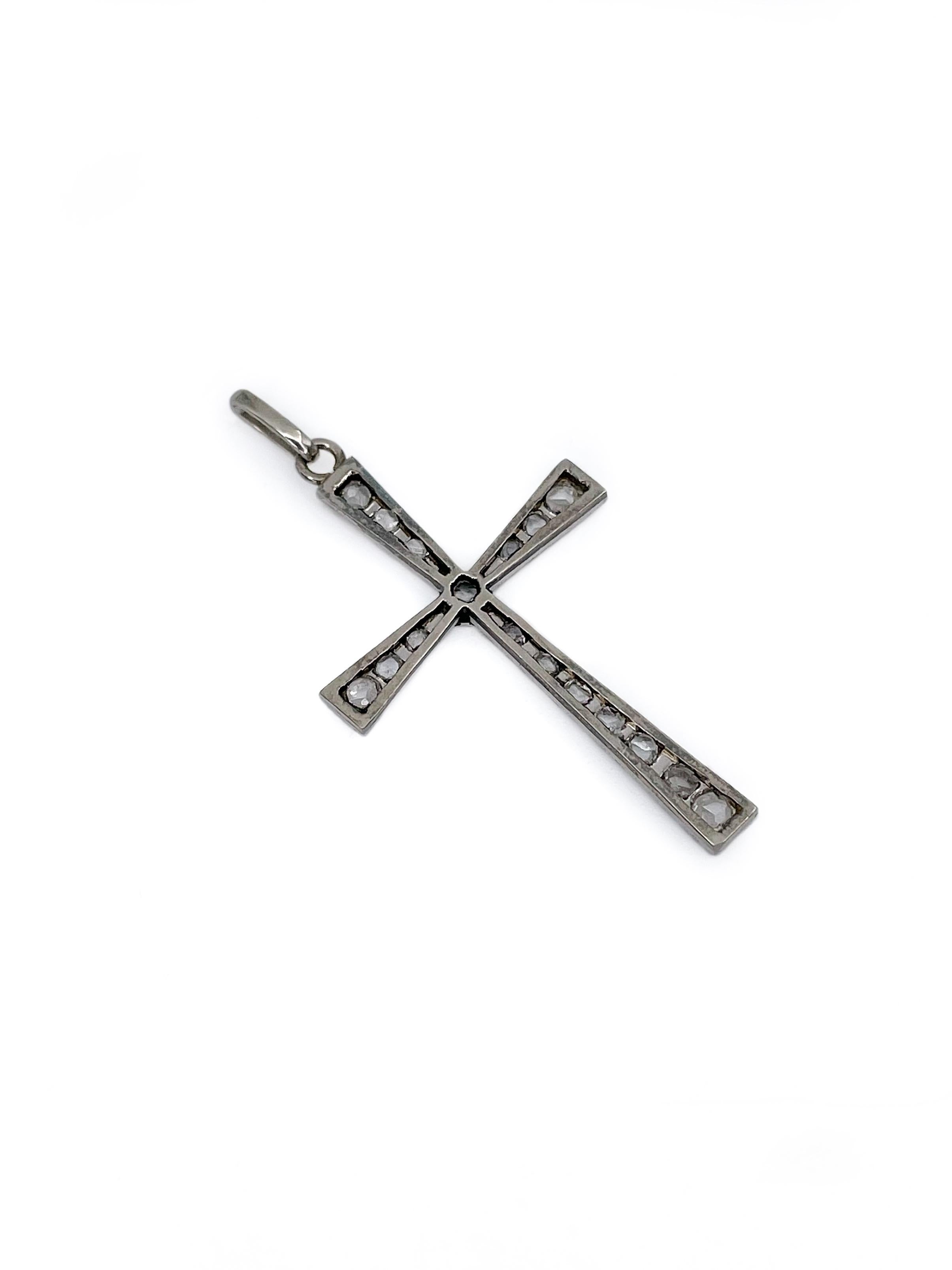 Edwardian 14 Karat White Gold 0.20 Carat Rose Cut Diamond Cross Pendant For Sale 1