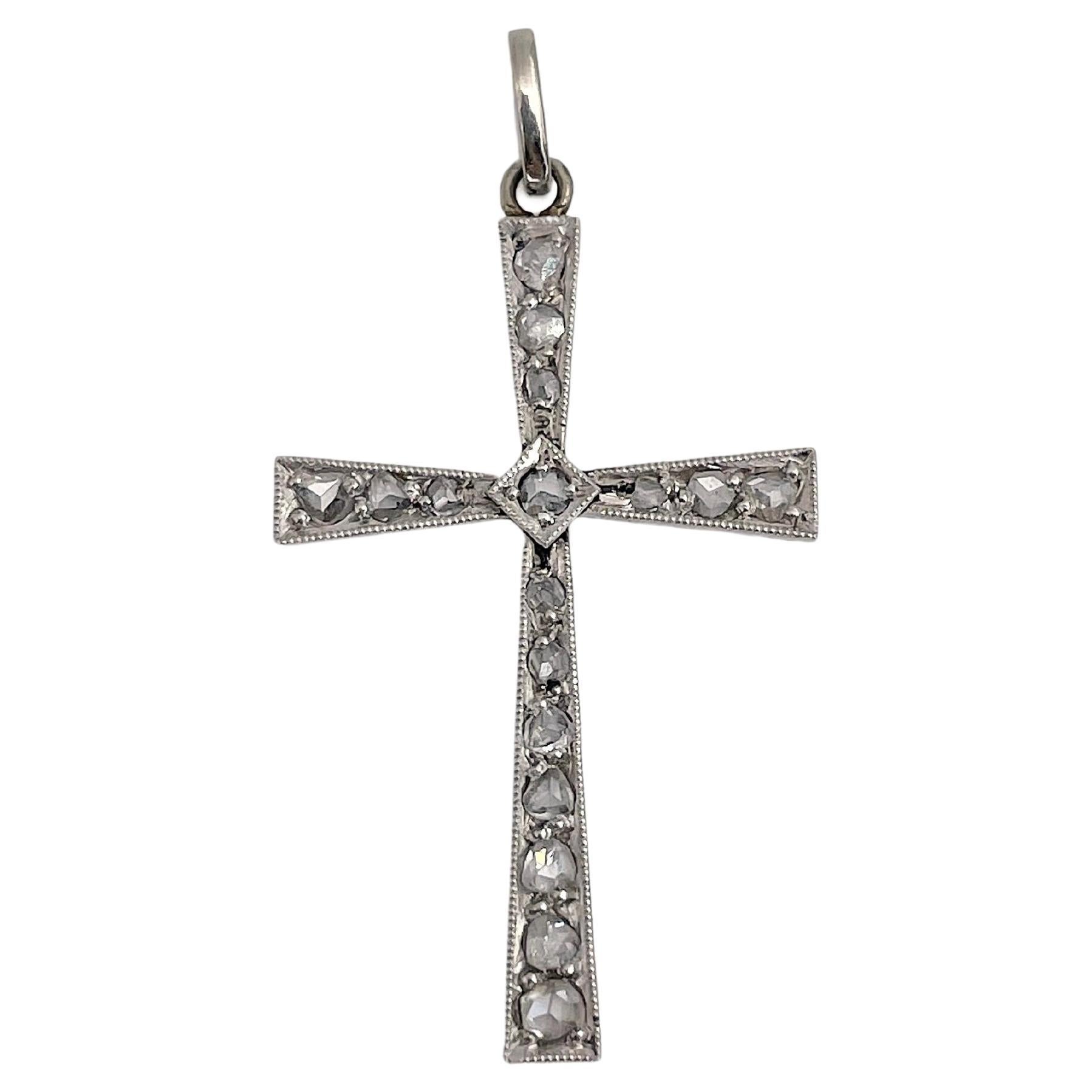 Edwardian 14 Karat White Gold 0.20 Carat Rose Cut Diamond Cross Pendant