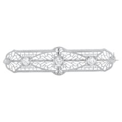 Edwardian 14 Karat White Gold and Diamond Filigree Bar Pin or Brooch