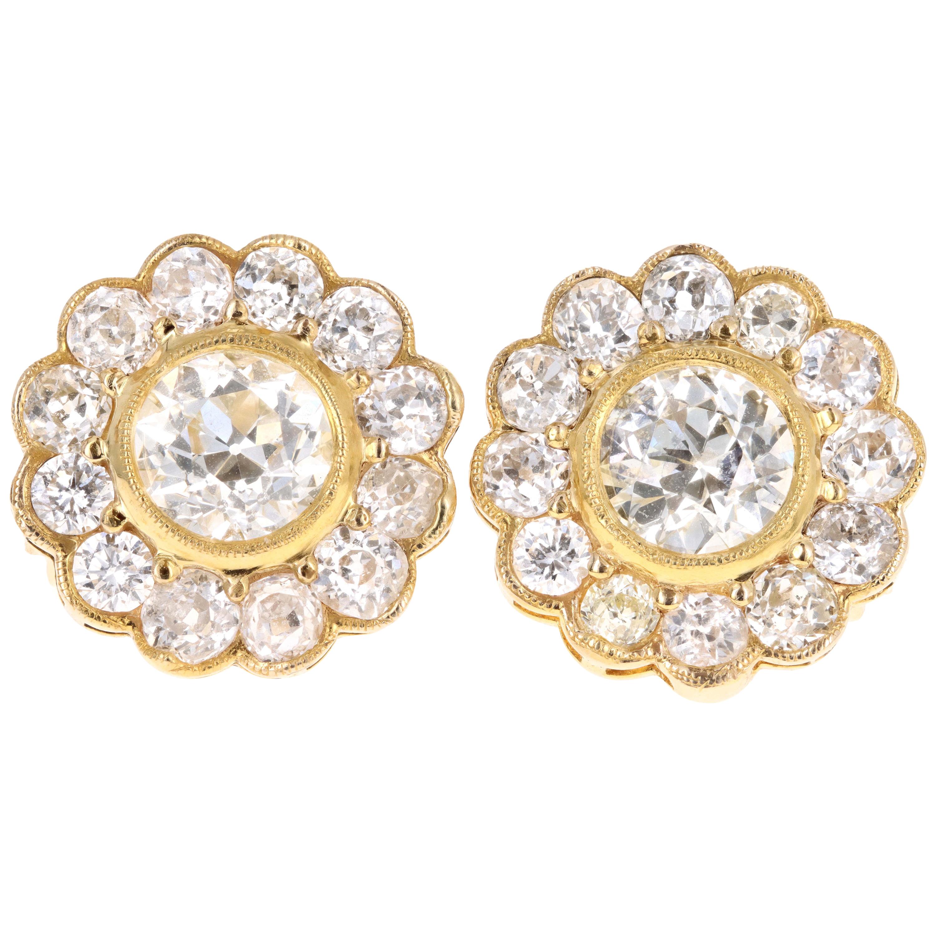 Edwardian 14 Karat Yellow Gold 4.11 Carat Old European Cut Diamond Stud Earrings