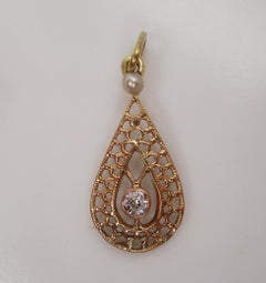 Edwardian 14 Karat Yellow Gold Diamond and Pearl Pear Shaped Moveable Pendant