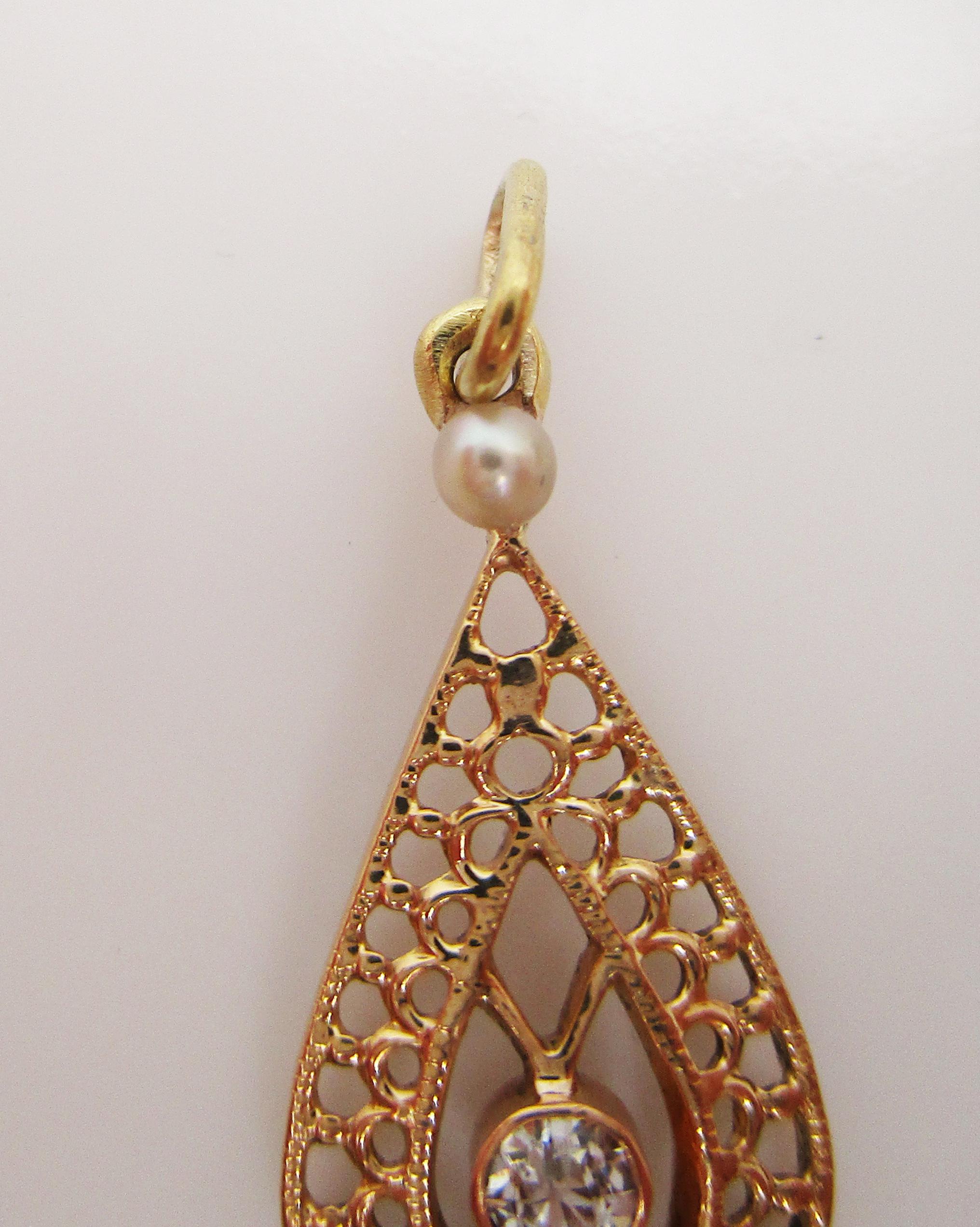 Old Mine Cut Edwardian 14 Karat Yellow Gold Diamond and Pearl Pear Shaped Moveable Pendant For Sale