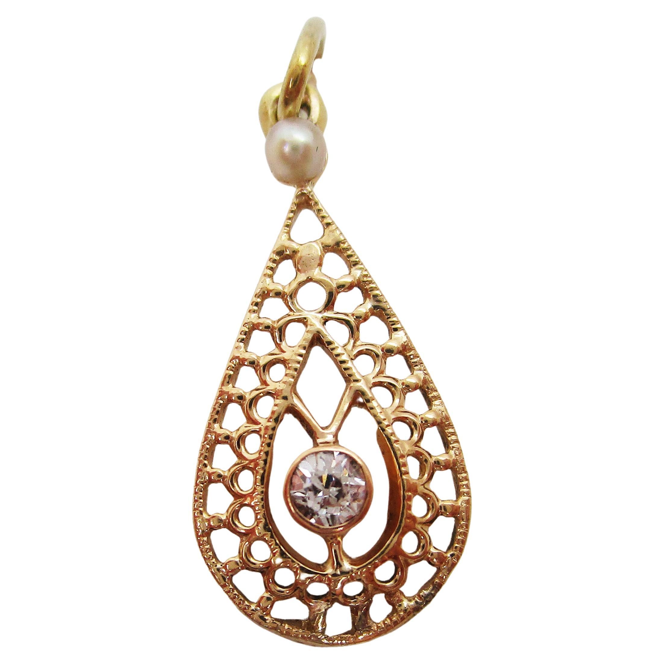 Pendentif édouardien mobile en forme de poire en or jaune 14 carats avec diamants et perles