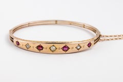 Edwardian 14 Karat Yellow Gold Old Mine Cut Diamond Natural Ruby Bangle Bracelet