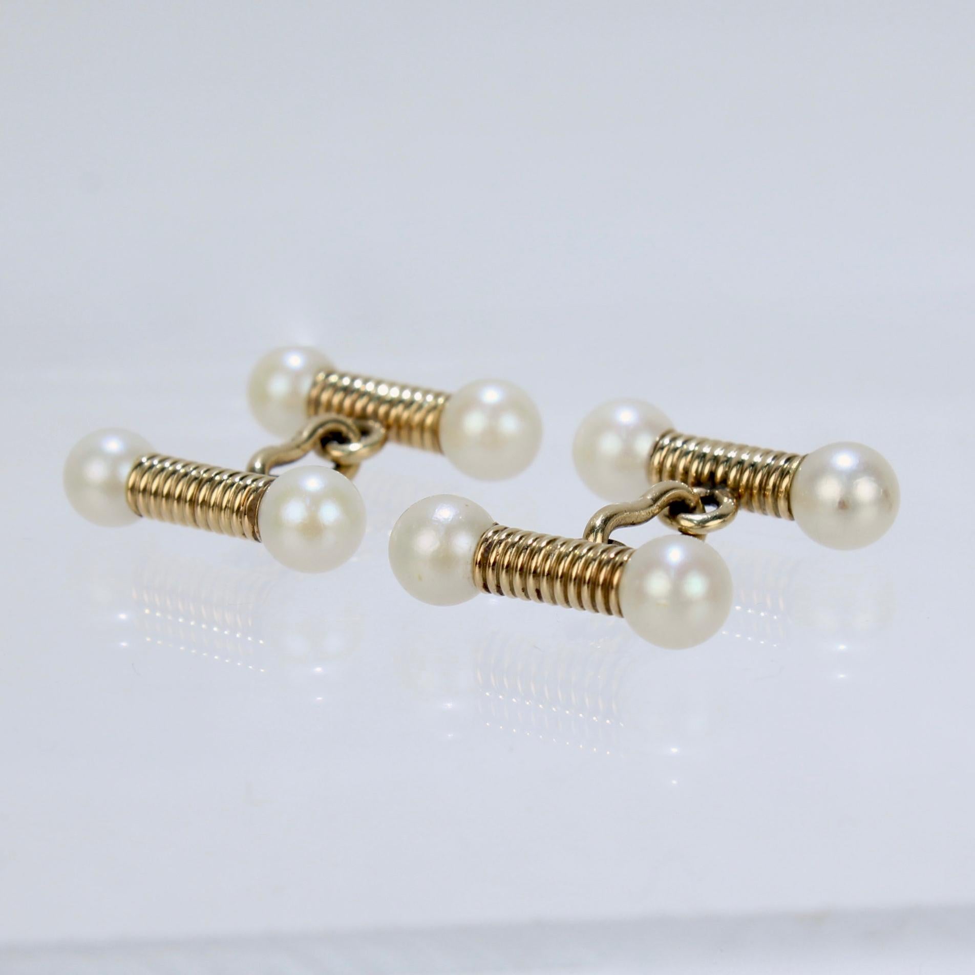 Men's Edwardian 14 Karat Yellow Gold & Pearl Cufflinks For Sale