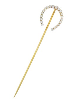 Edwardian 14 Karat Yellow Gold Pearl Horseshoe Stickpin
