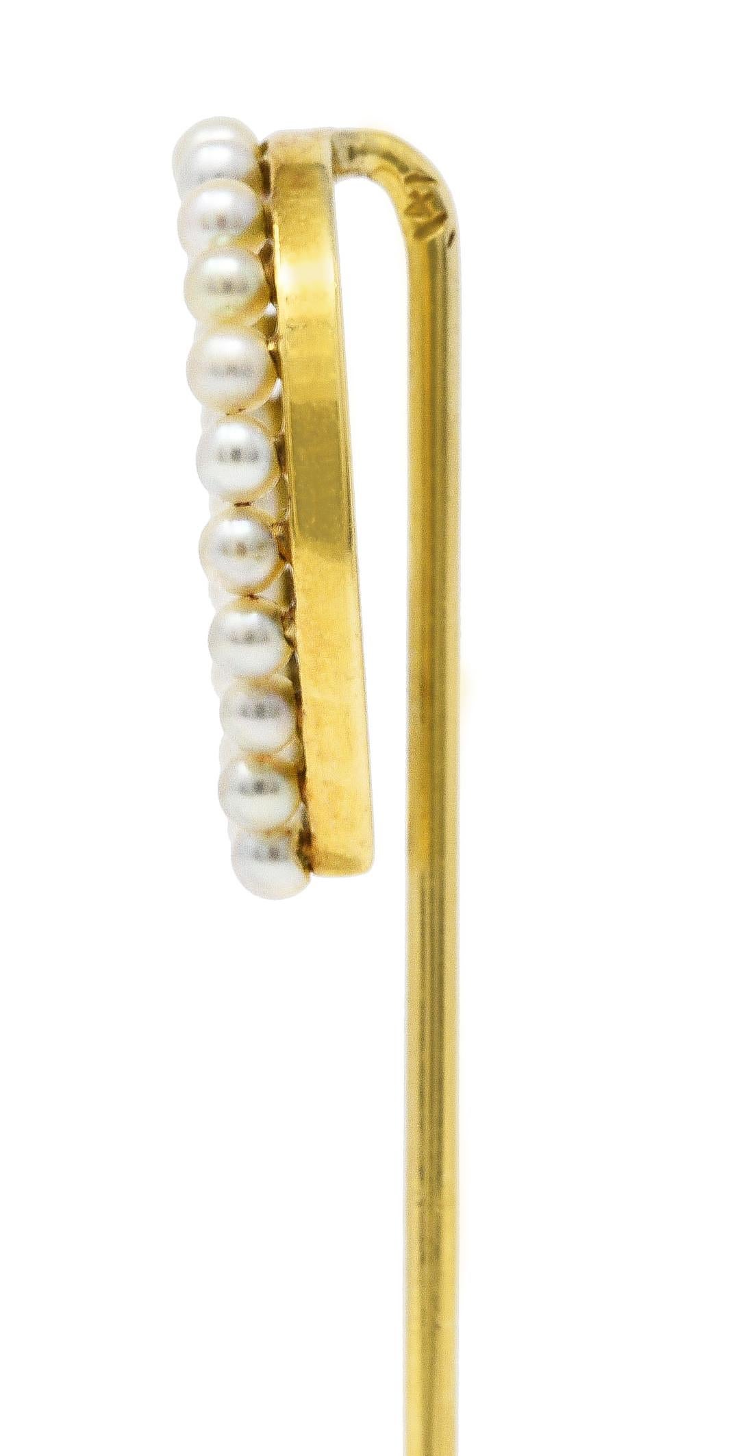 Uncut Edwardian 14 Karat Yellow Gold Pearl Horseshoe Stickpin For Sale