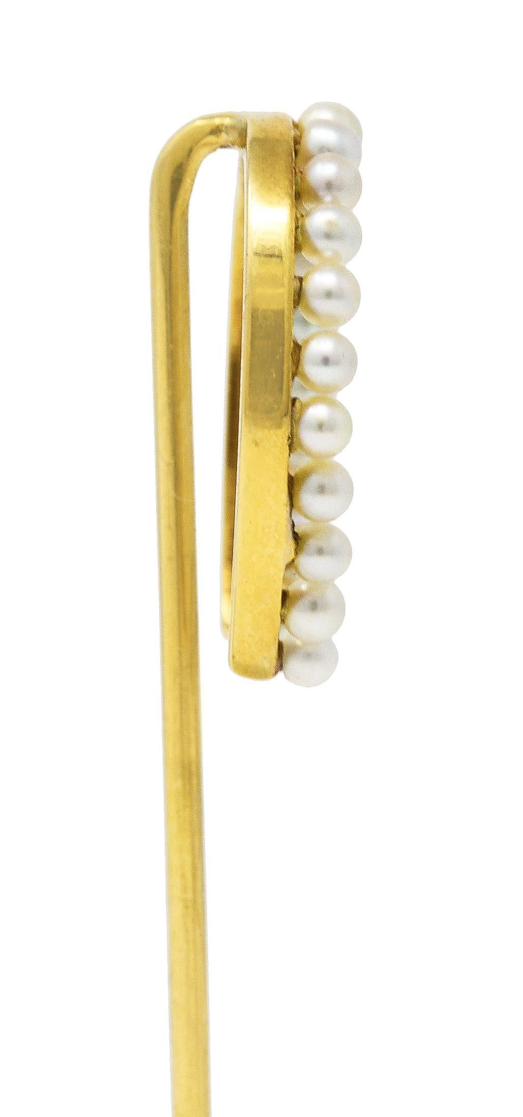 Women's or Men's Edwardian 14 Karat Yellow Gold Pearl Horseshoe Stickpin For Sale