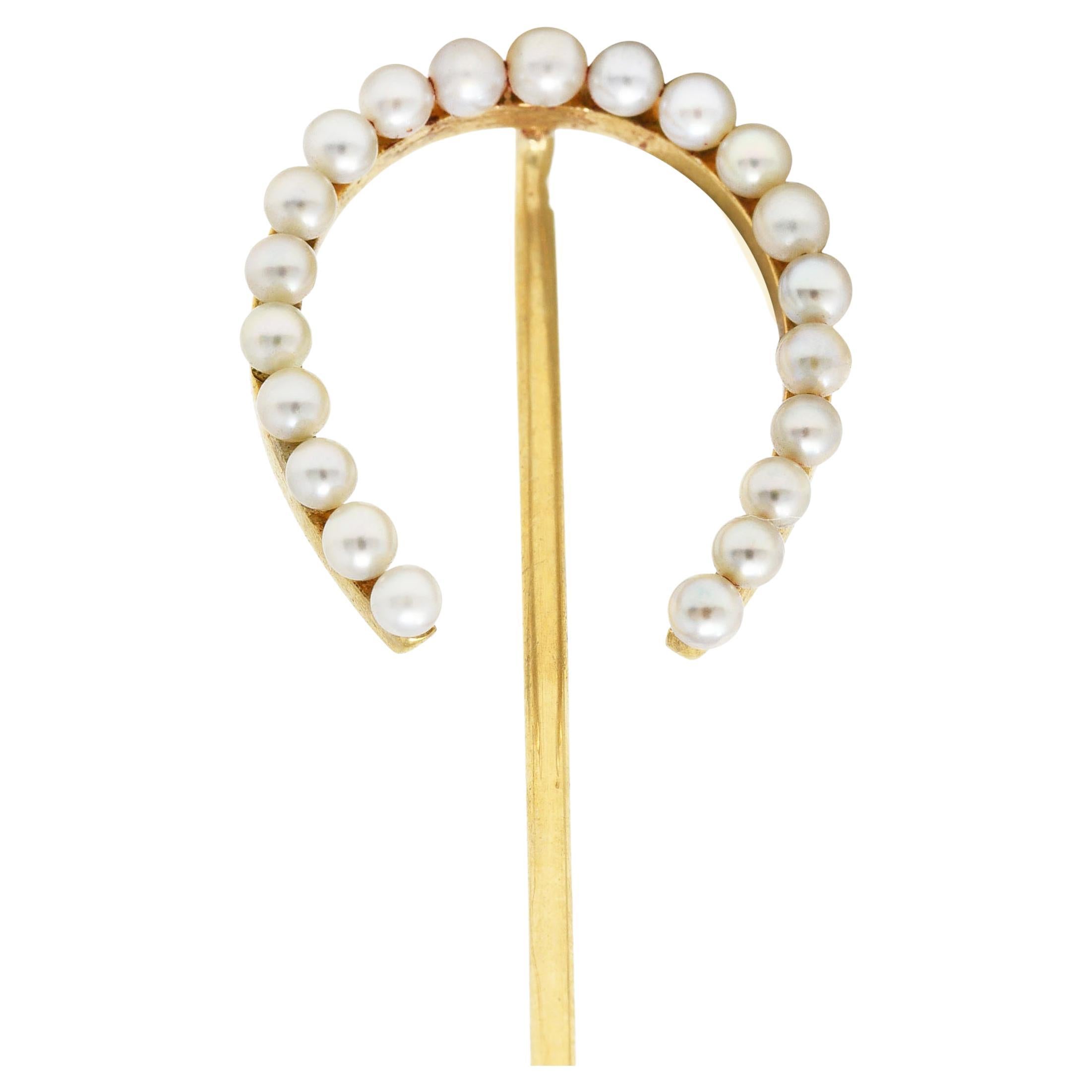 Edwardian 14 Karat Yellow Gold Pearl Horseshoe Stickpin