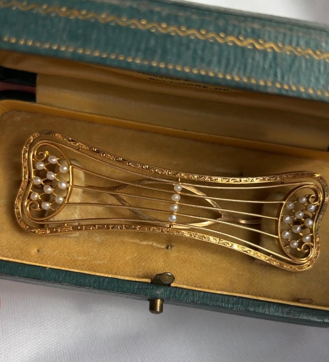 Barrette édouardienne en or jaune 14 carats avec perles de rocaille en vente 2