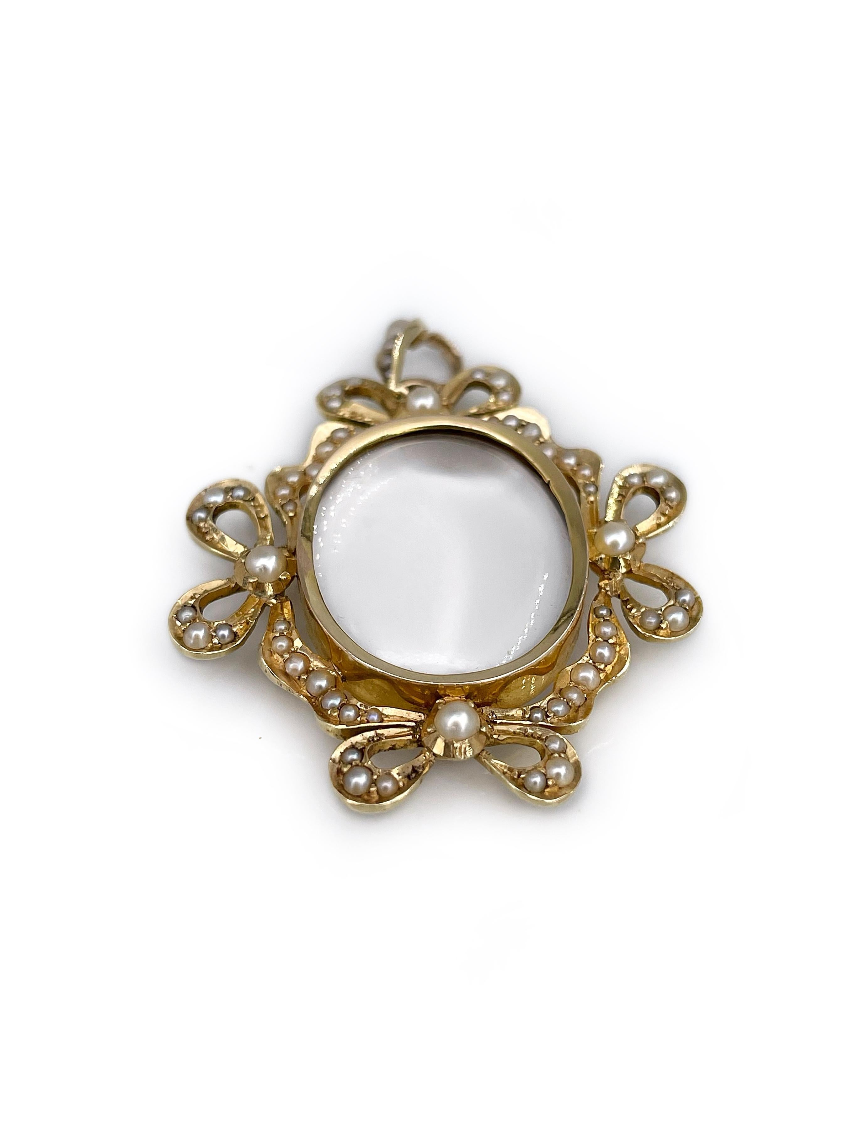 Women's Edwardian 14 Karat Yellow Gold Seed Pearl Bow Clear Locket Pendant