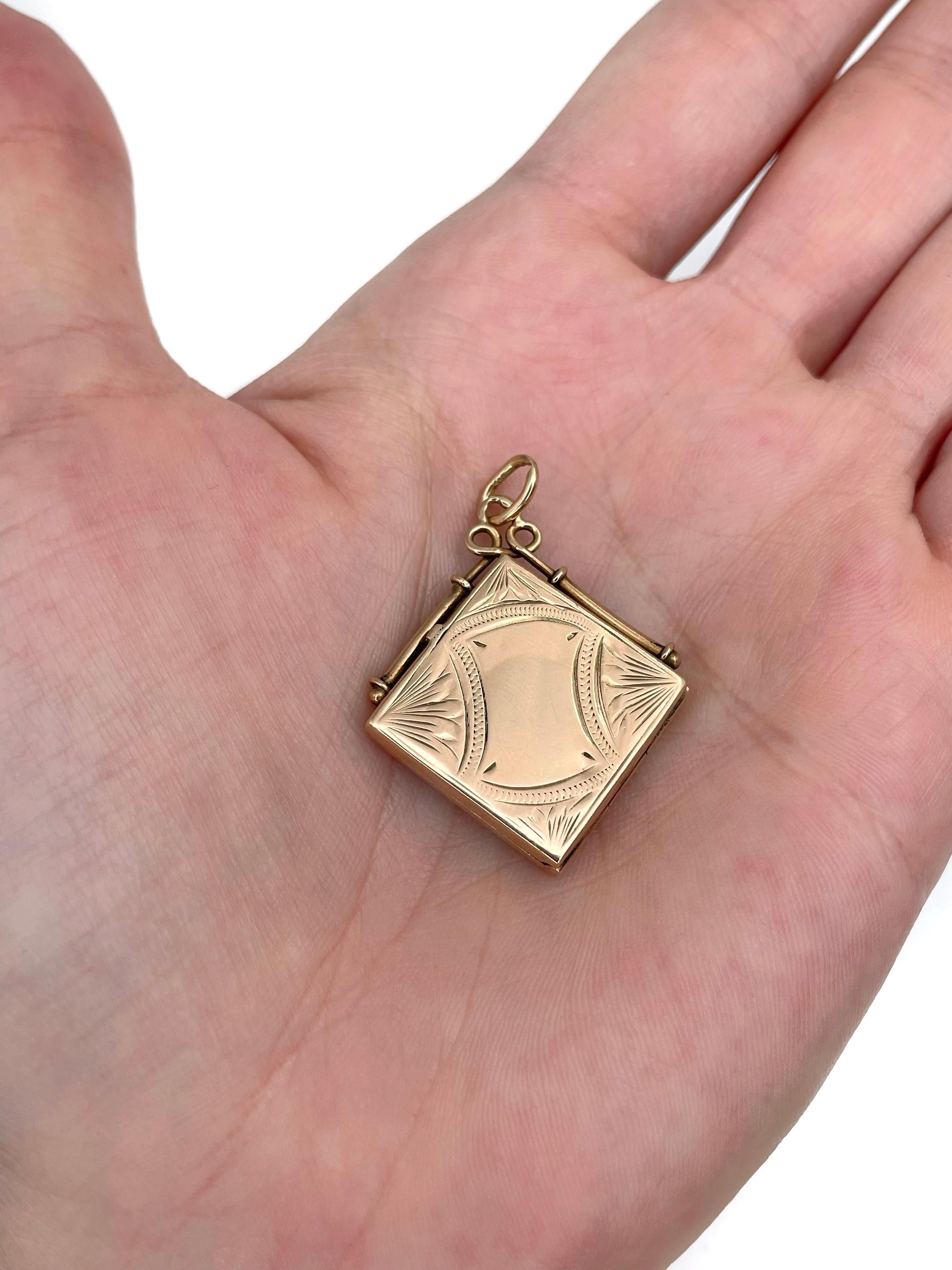 Édouardien Pendentif médaillon édouardien en or jaune 14 carats de forme carrée en vente