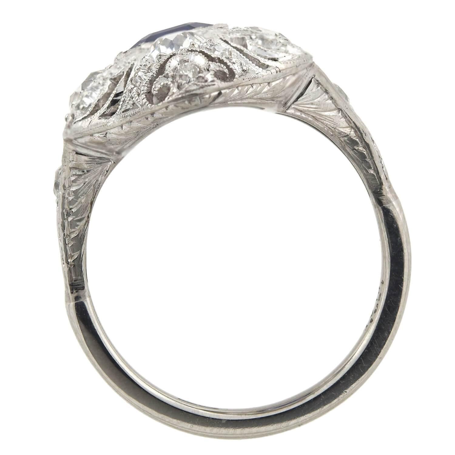 Old Mine Cut Edwardian 1.40 Carat Sapphire and Diamond Filigree Ring