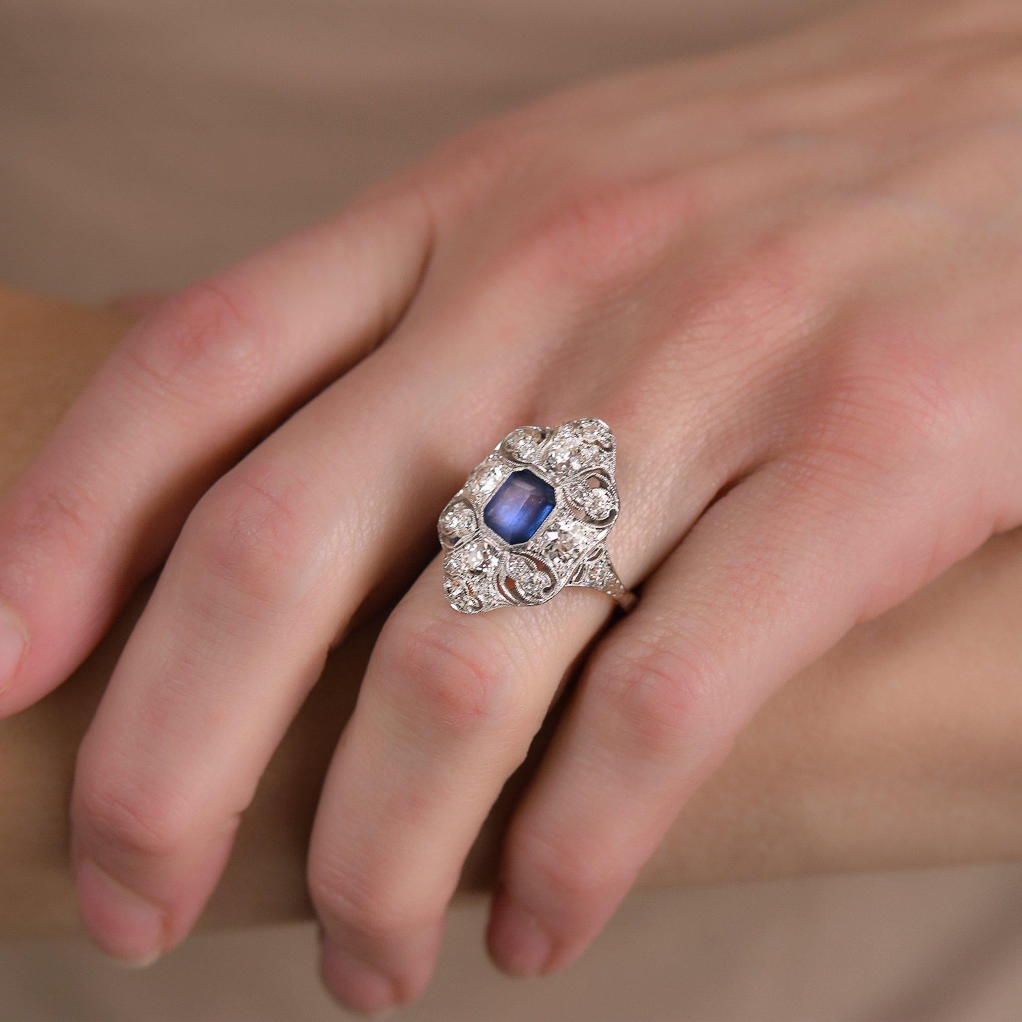 Women's Edwardian 1.40 Carat Sapphire and Diamond Filigree Ring