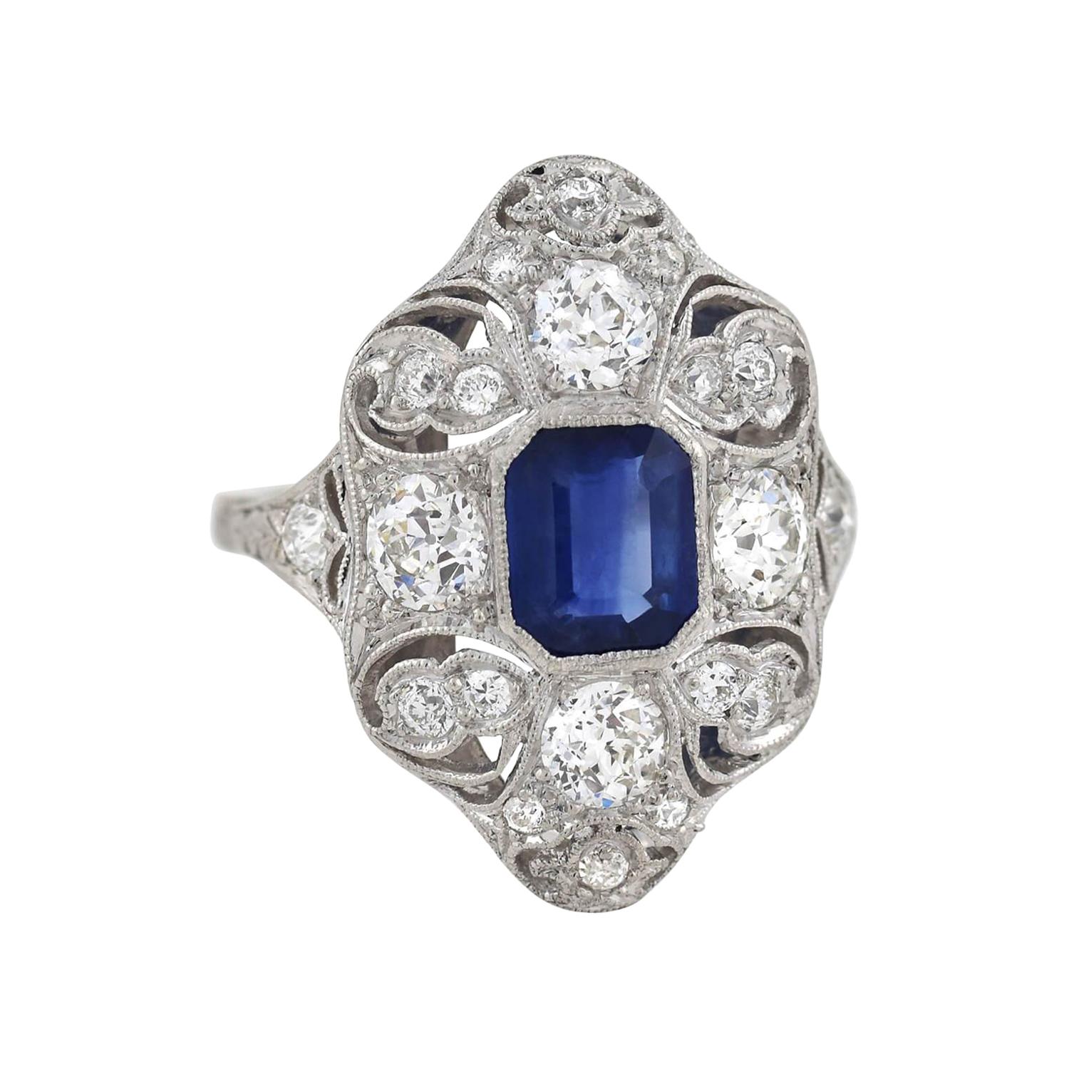 Edwardian 1.40 Carat Sapphire and Diamond Filigree Ring