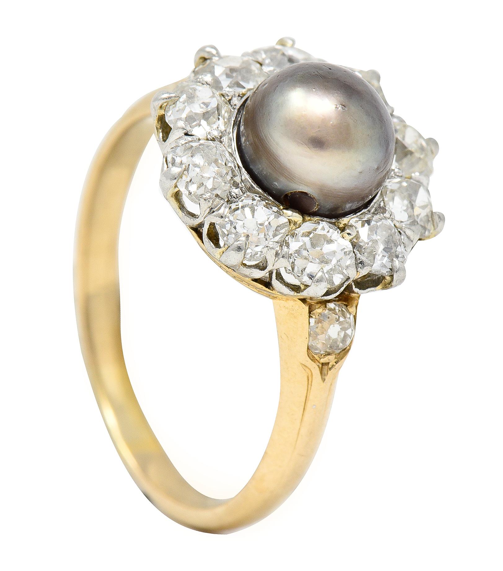 Edwardian 1.40 Carats Diamond Natural Pearl Platinum-Topped 14 Karat Gold Ring 6