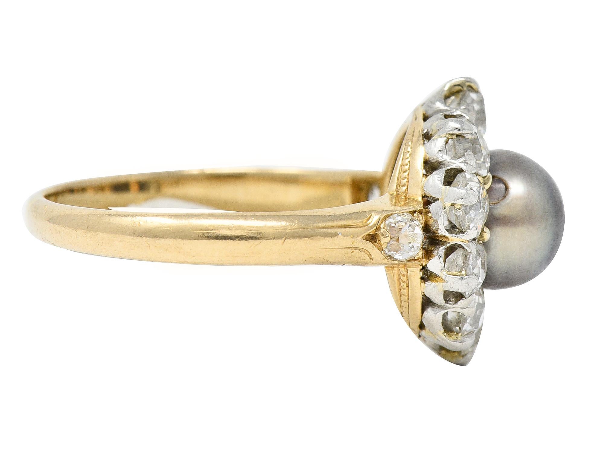 Old Mine Cut Edwardian 1.40 Carats Diamond Natural Pearl Platinum-Topped 14 Karat Gold Ring