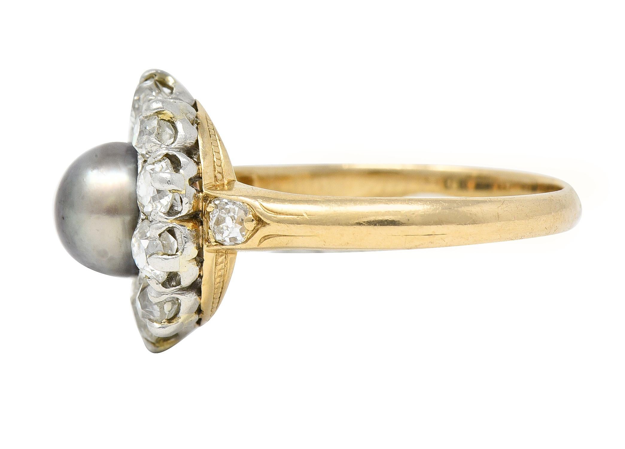 Women's or Men's Edwardian 1.40 Carats Diamond Natural Pearl Platinum-Topped 14 Karat Gold Ring