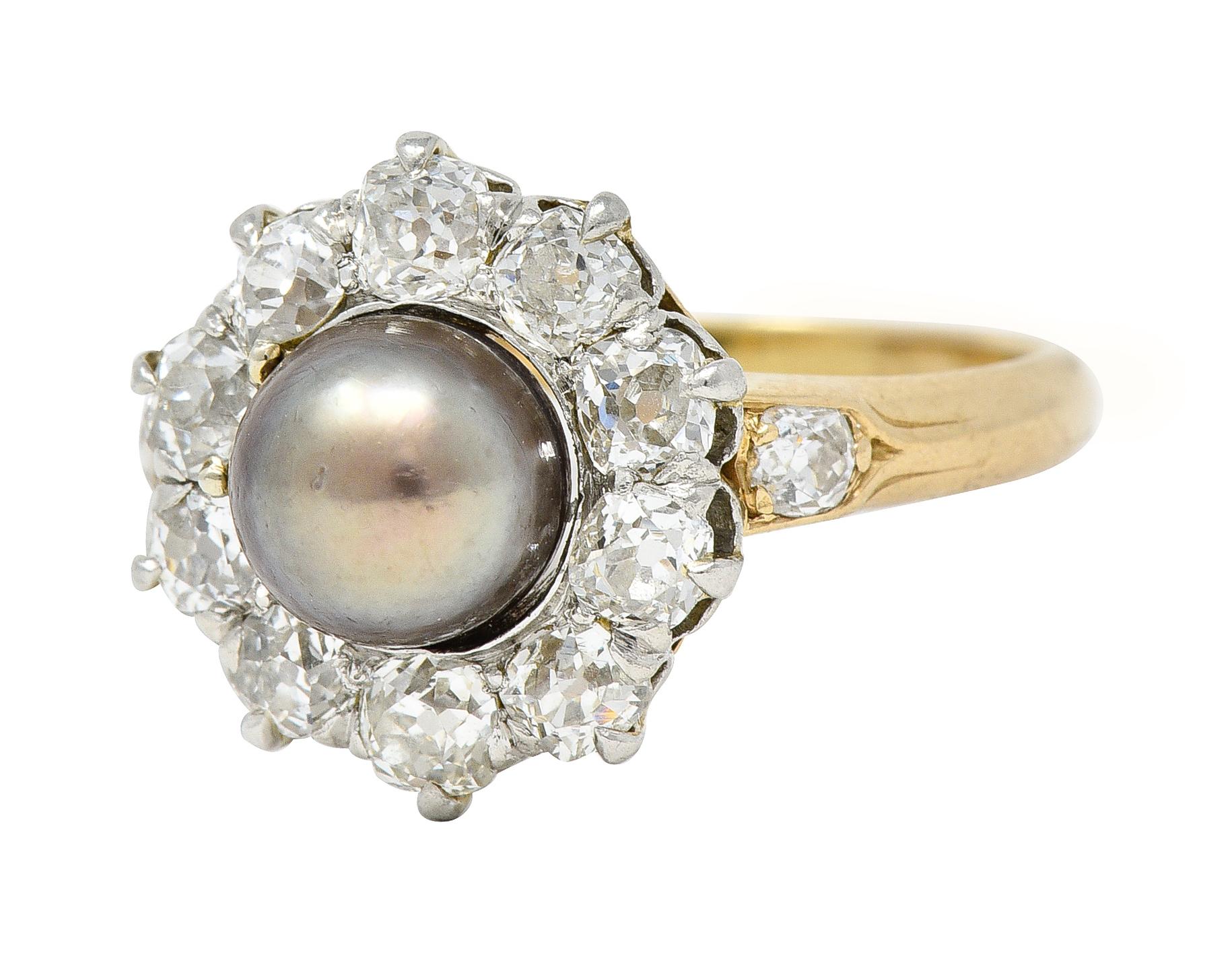 Edwardian 1.40 Carats Diamond Natural Pearl Platinum-Topped 14 Karat Gold Ring 1